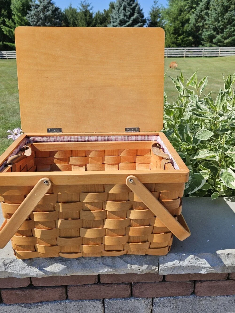 Pottery Barn New Woven Wooden Picnic Basket with Dual Top Handles - Natural Wood